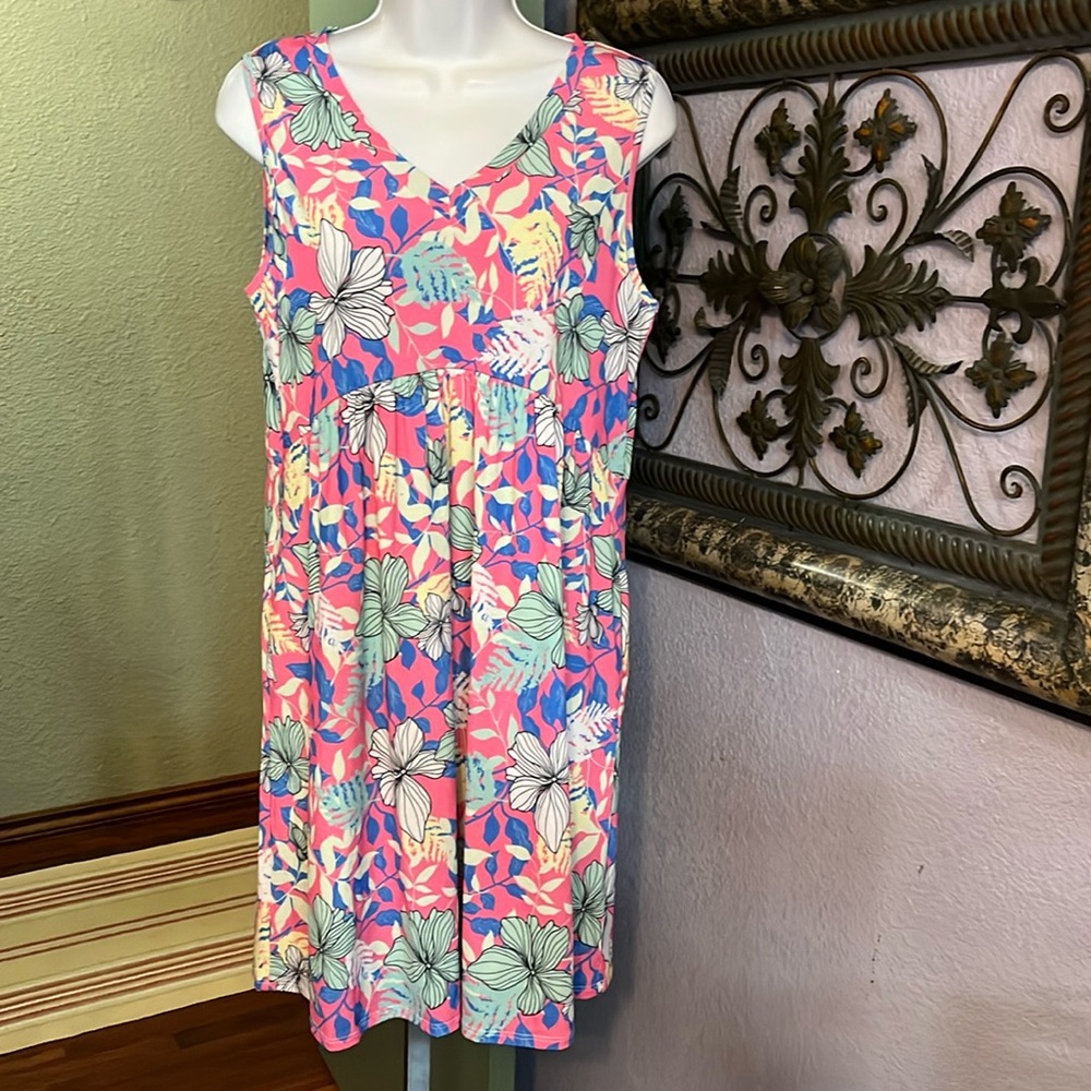 Honeyme Dress- sleeveless knit tropical pink floral - stretch & pockets Sz S💙